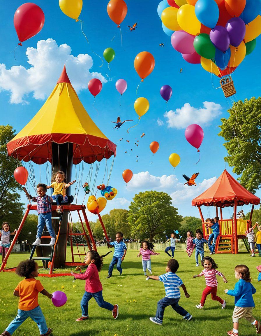 A vibrant playground scene filled with diverse children laughing and playing, engaging in imaginative adventures with colorful toys, swings, and slides. Bright balloons and kites dot the sky, while whimsical animals like rabbits and birds join the fun. The atmosphere radiates joy and excitement, inviting parents to explore creative play ideas. lively cartoon style. bright colors. dynamic composition.