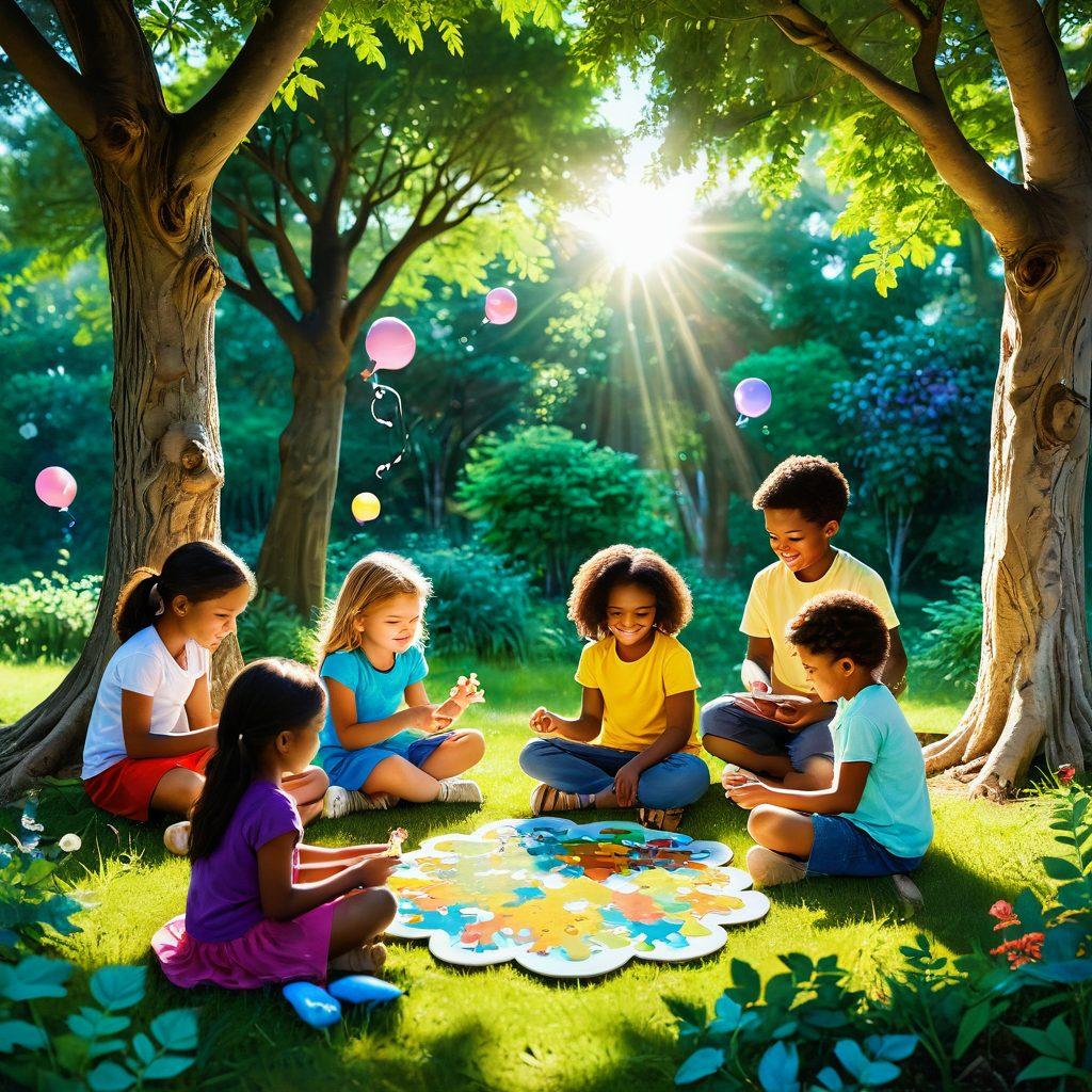 A colorful and whimsical scene depicting children joyfully playing educational games outdoors, surrounded by nature. Include diverse children engaging in activities like puzzles, group games, and art, with smiles on their faces. Bright sunlight filters through trees, creating a warm atmosphere of connection and happiness. Elements of creativity and imagination, such as floating colorful thought bubbles showcasing ideas and dreams, add to the scene. vibrant colors. playful illustration style.