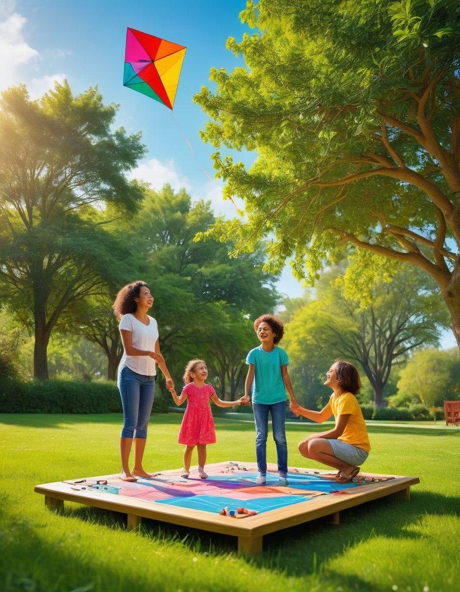 A vibrant scene depicting a diverse family engaging in various indoor and outdoor activities, such as playing board games at a cozy table transitioning to flying kites in a sunny park. Include elements like colorful toys scattered around, lush greenery, and a bright blue sky. The family members are laughing and interacting joyfully, showcasing togetherness and excitement in both settings. super-realistic. vibrant colors. warm lighting.
